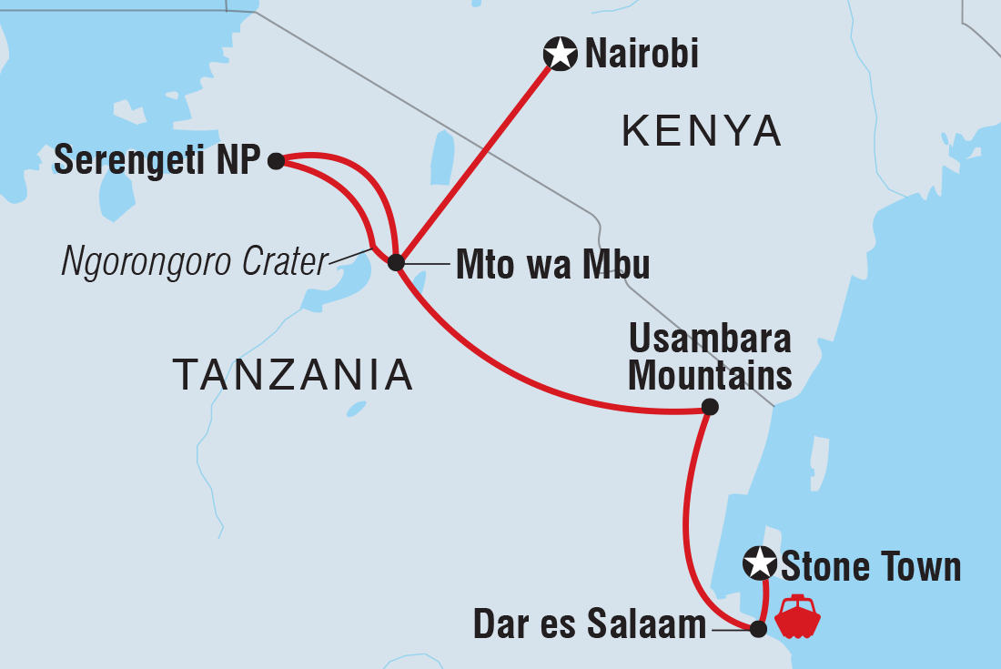 Map of Nairobi To Stone Town including Kenya and Tanzania, United Republic Of