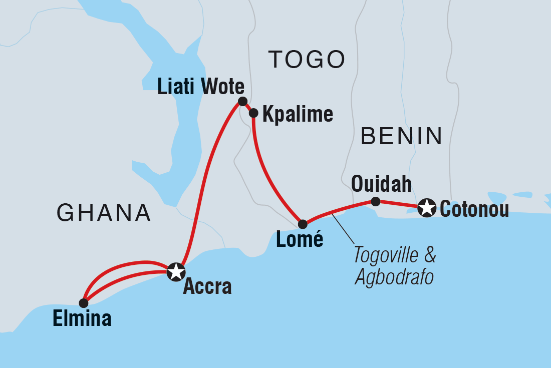 Map of Benin, Togo & Ghana Adventure including Benin, Ghana and Togo