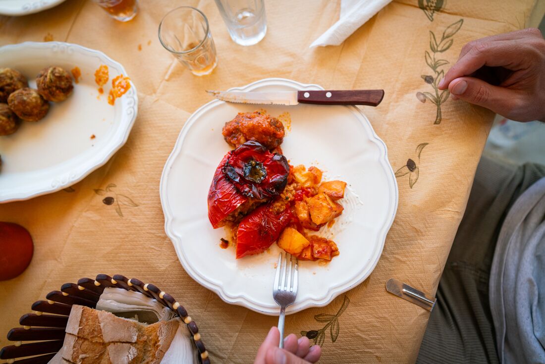 A plate of fresh cooked vegetables from a cooking class in Naxos