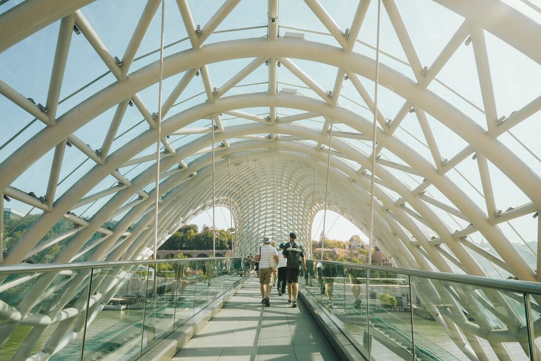 Intrepid travellers and leader on walking tour of Tbilisi 