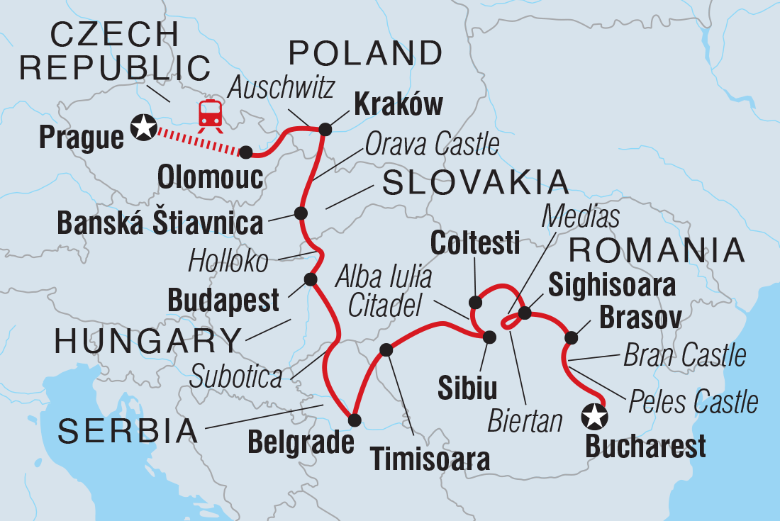 Map of Premium Prague To Bucharest including Czech Republic, Hungary, Poland, Romania, Serbia and Slovakia