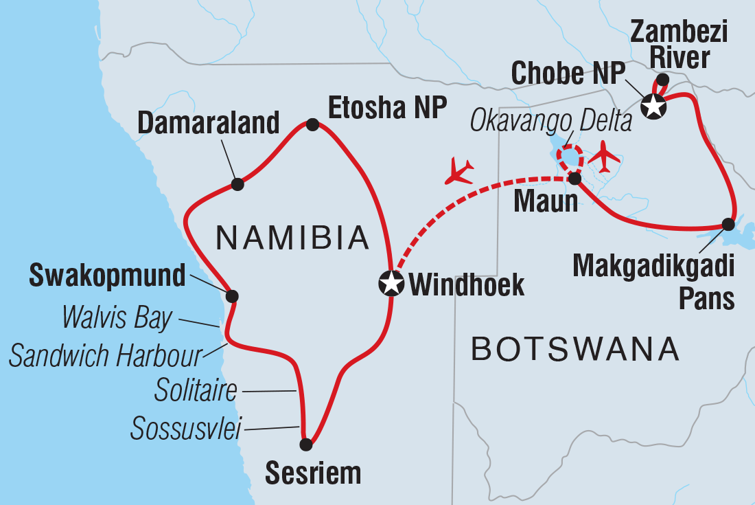 Map of Premium Botswana & Namibia including Botswana and Namibia