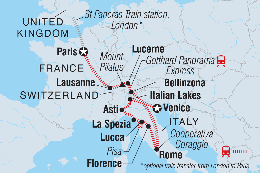 Map of France, Switzerland, And Italy By Rail including France, Italy and Switzerland