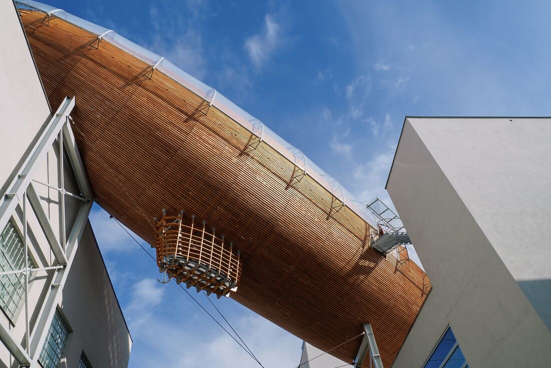 The Zeppelin exhibition hall atop the DOX Centre for Contemporary Art in Prague, Czechia