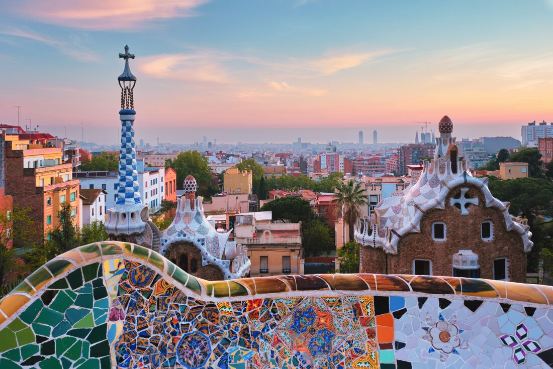 Guell Gaudi mosaic on building overlooking Barcelona 