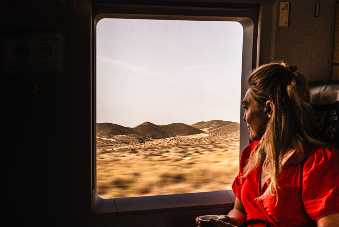 Sophie Morgan looks out at the scenery on the way to Madrid by train