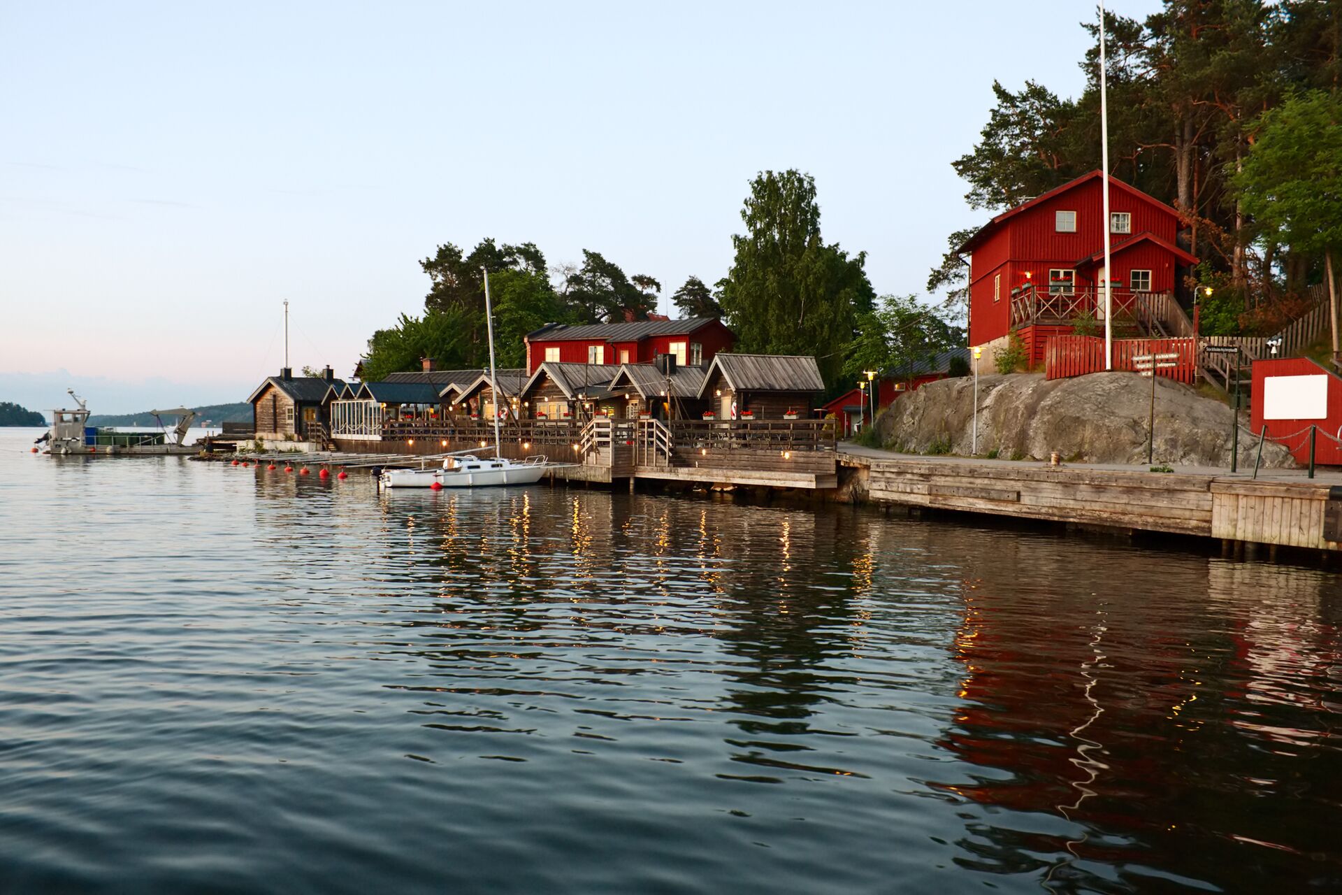 Fjaderholmarna Island's charming pier and shore in the Stockholm archipelago
