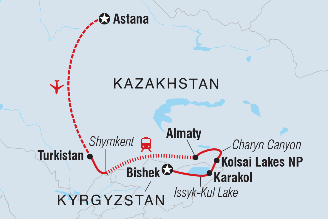 Map of Kazakhstan & Kyrgyzstan Adventure including Kazakhstan and Kyrgyzstan