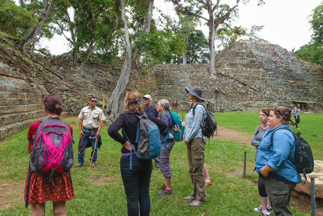 Travellers on a locally guided tour of Copan Mayan Ruins in Honduras