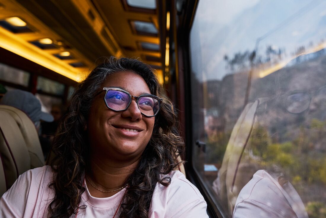 Intrepid traveller on the train from Ollantaytambo to Aguas Calientes in Peru