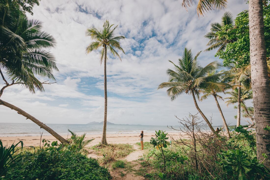 18 to 35s traveller emerges from bright green palm forest onto Mission Beach in Hull River National Park, Queensland