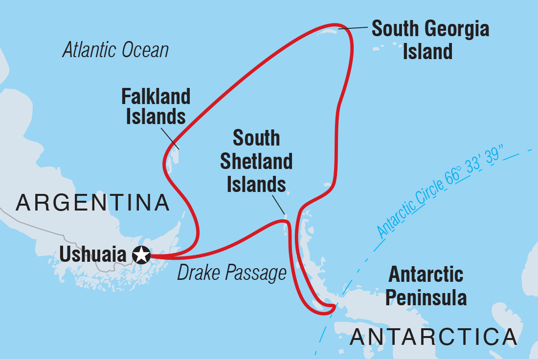Map of Ultimate Explorer: Falklands, South Georgia & Antarctic Circle (Ocean Nova) including Antarctica, Argentina and Falkland Islands (Malvinas)
