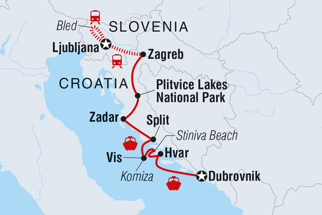 Map of Dubrovnik To Ljubljana including Croatia and Slovenia