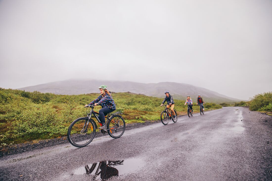 Group of travellers cycling in Iceland