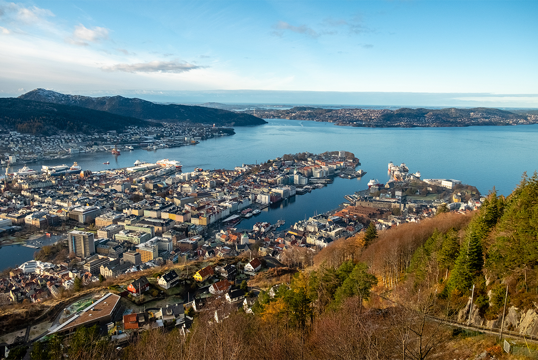 The city of Bergen viewed from atop Mount Floyen in Norway.