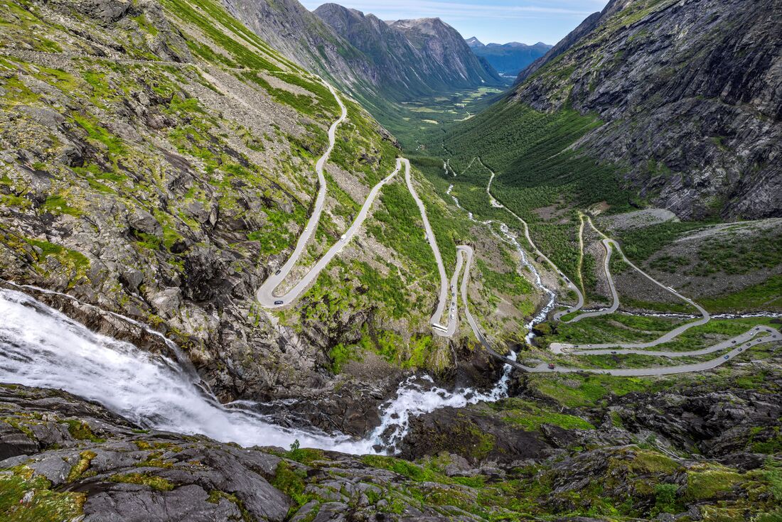 Trollstigen Road winds down the mountainside of Rauma in western Norway