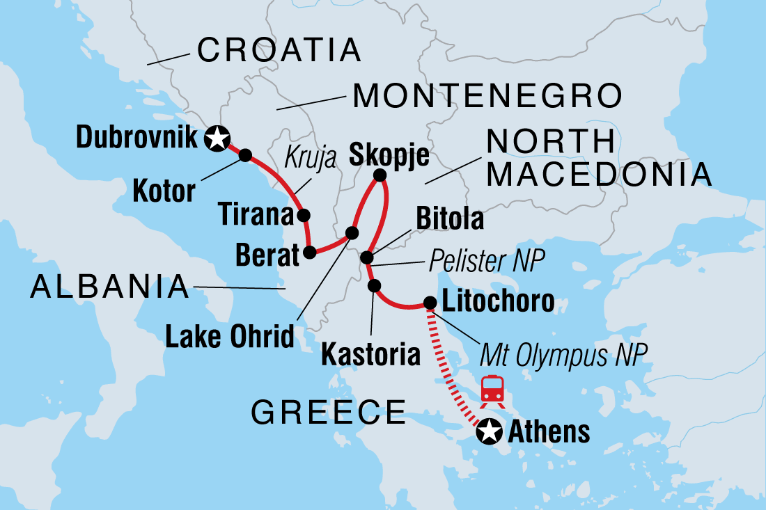 Map of Dubrovnik To Athens including Albania, Croatia, Greece, Macedonia, Republic Of and Montenegro