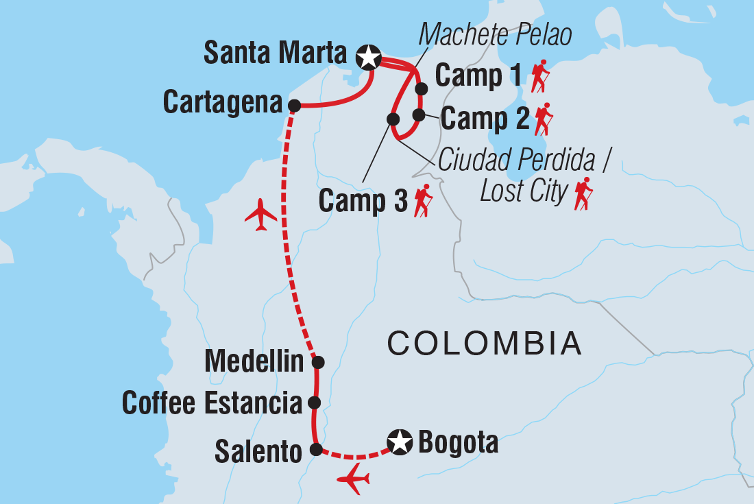 Map of Colombia Adventure & Lost City Trek including Colombia