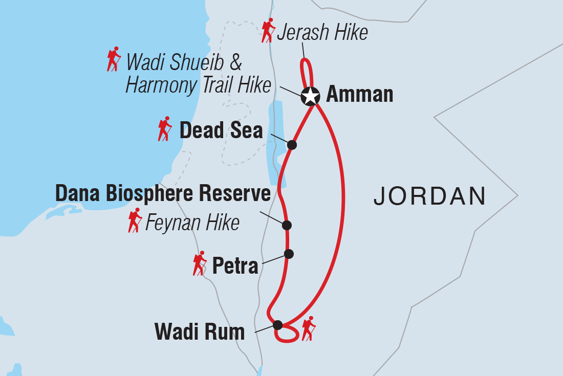 Map of Premium Walking And Hiking Jordan (Petra, Wadi Rum & The Dead Sea) including Jordan