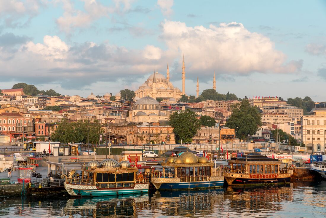 Istanbul from the Galata Bridge with Hagia Sophia visible in the distance across the river