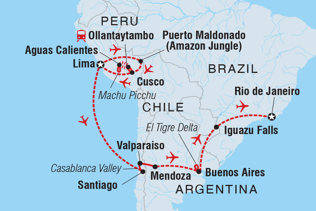 Map of Premium Highlights Of South America including Argentina, Brazil, Chile and Peru