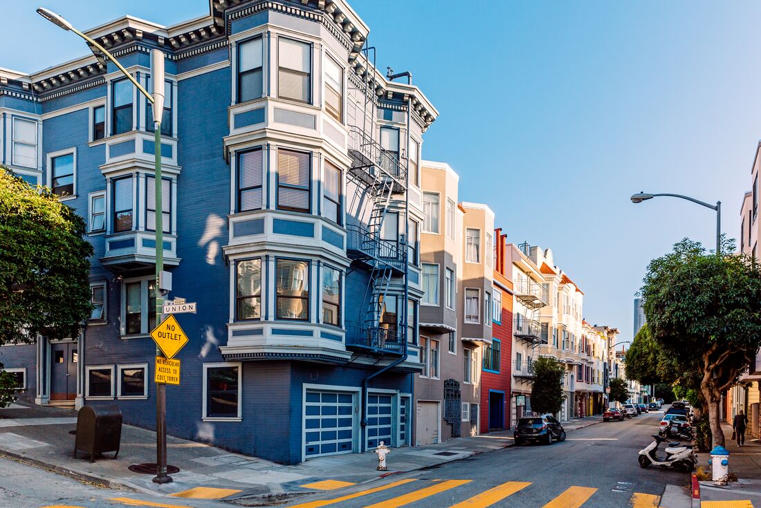 Iconic colourful townhouses in downtown San Francisco California