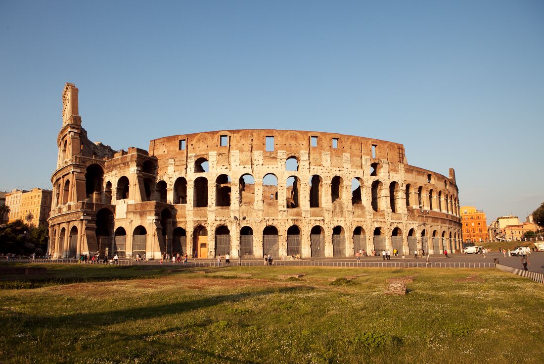 Wide view of the Colosseum in Rome, Italy during the golden hour of light