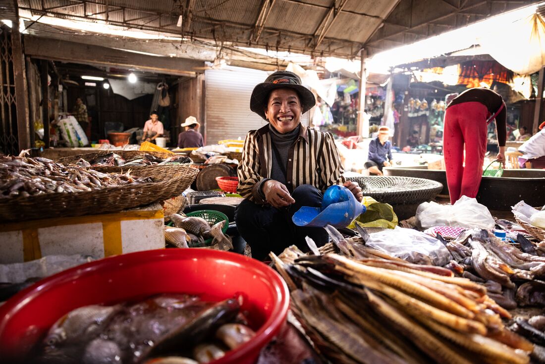Smiling local fish vendor at market in Siem Reap, Cambodia