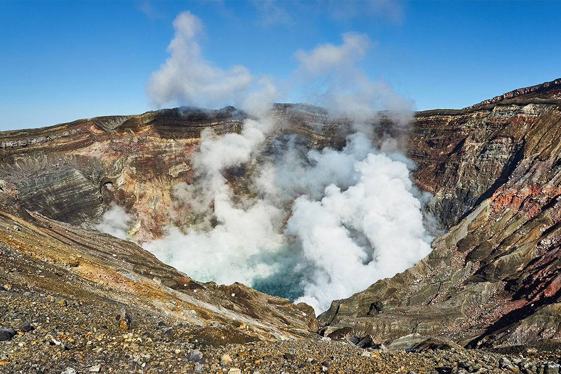 Fumes roll off Nakadake Crater on Mt Aso