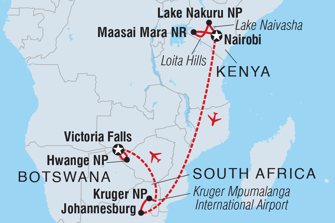 Map of Premium Kenya & Southern Africa Highlights including Kenya, South Africa and Zimbabwe