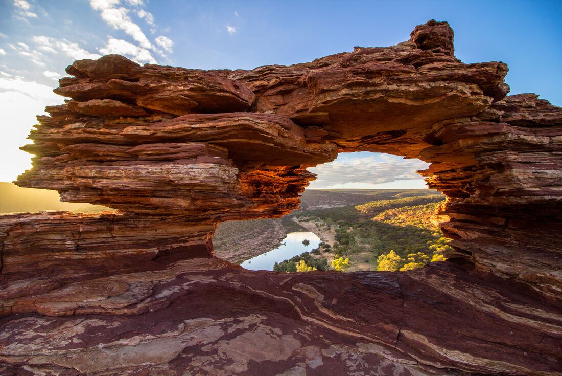 Nature's Window looking out over a river winding through a sandstone gorge in Kalbarri National Park