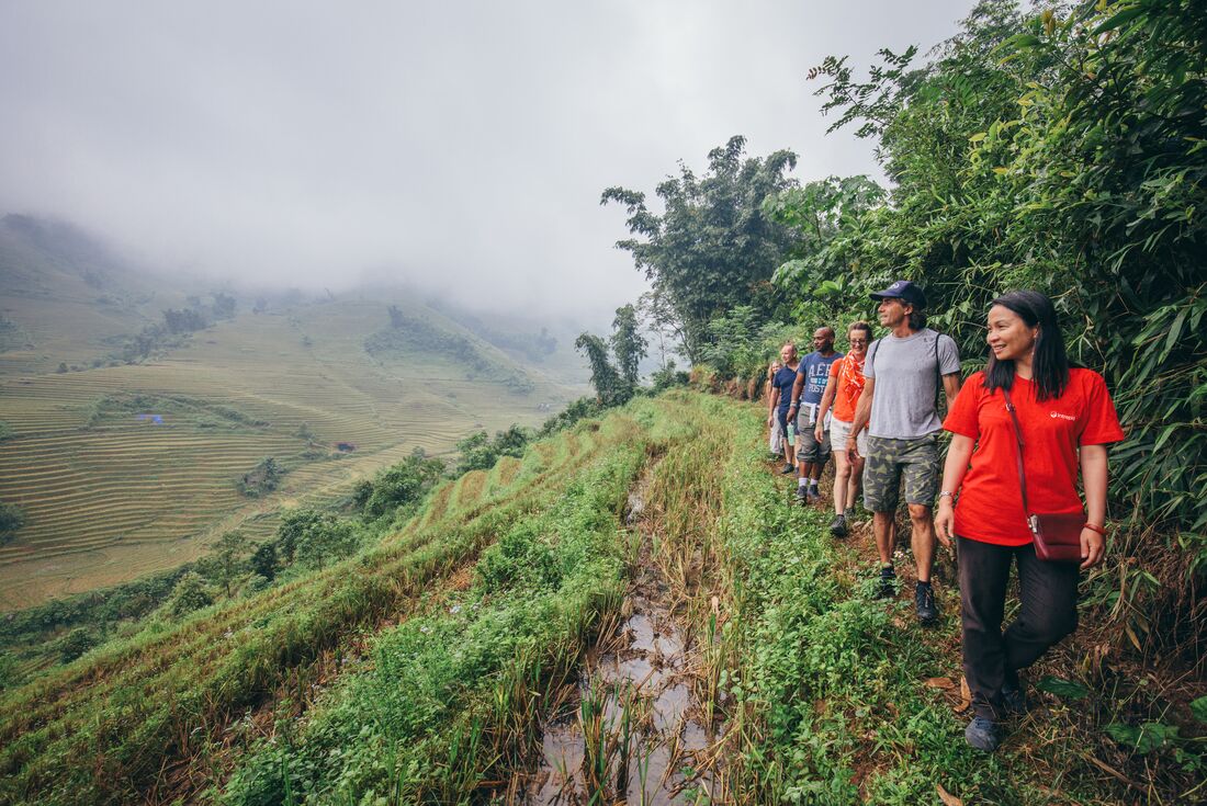 Travellers hiking through Sapa rice fields in northern Vietnam