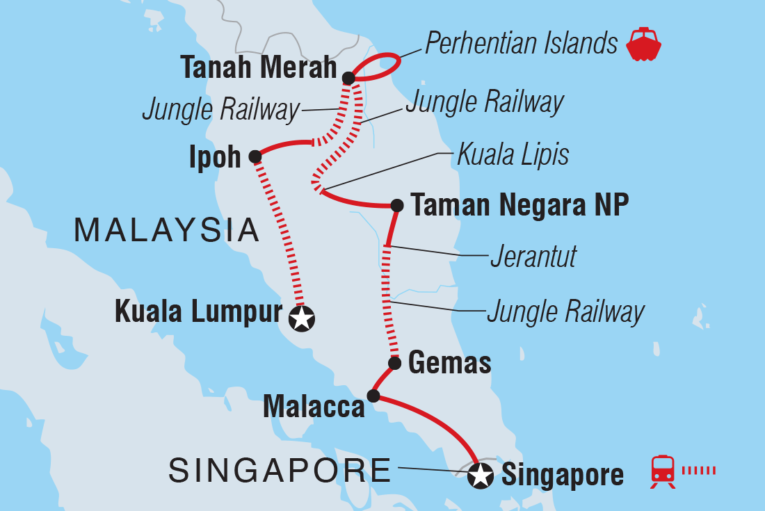 Map of Malaysia's Jungle Railway Adventure including Malaysia and Singapore