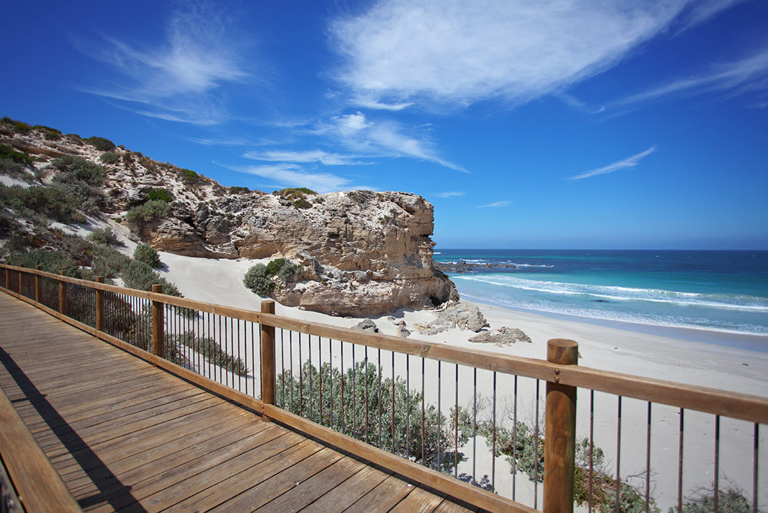 Wooden boardwalk on the beach. Seal Bay, Kangaroo Island, South Australia.