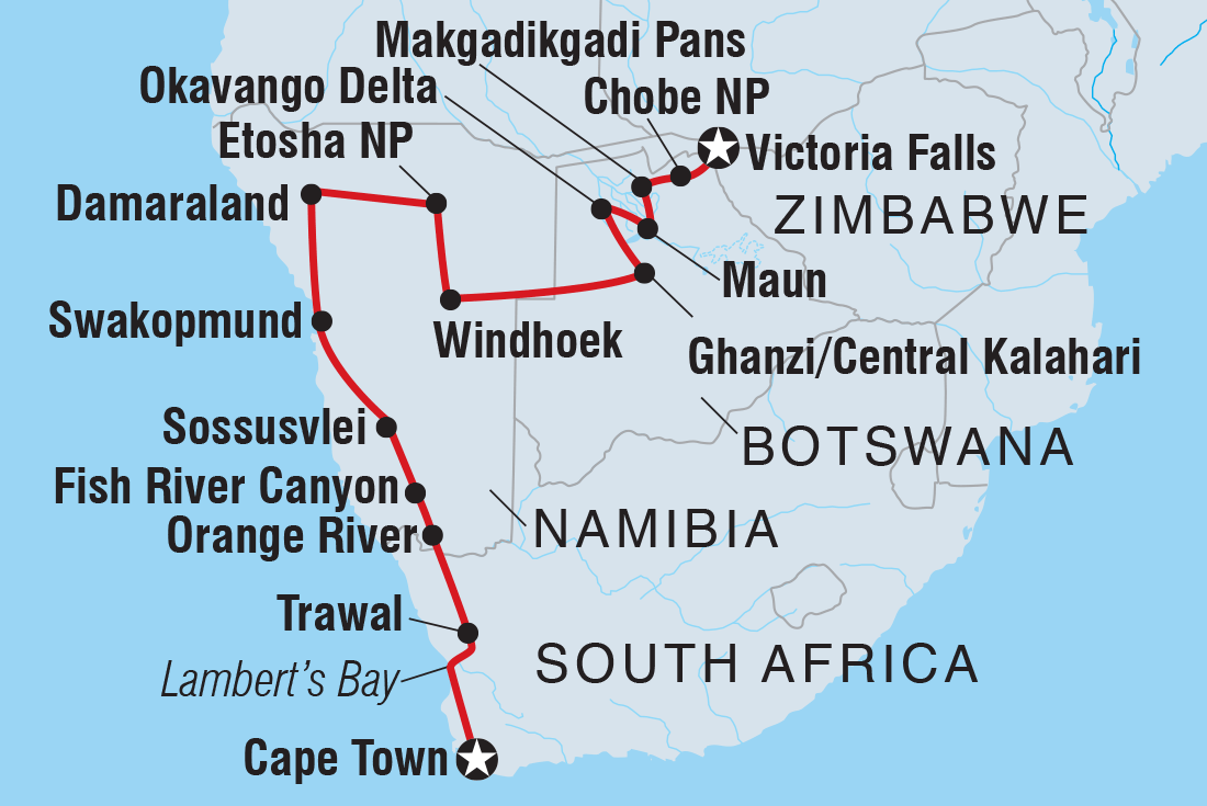 Map of Amazing Southern Africa including Botswana, Namibia, South Africa and Zimbabwe