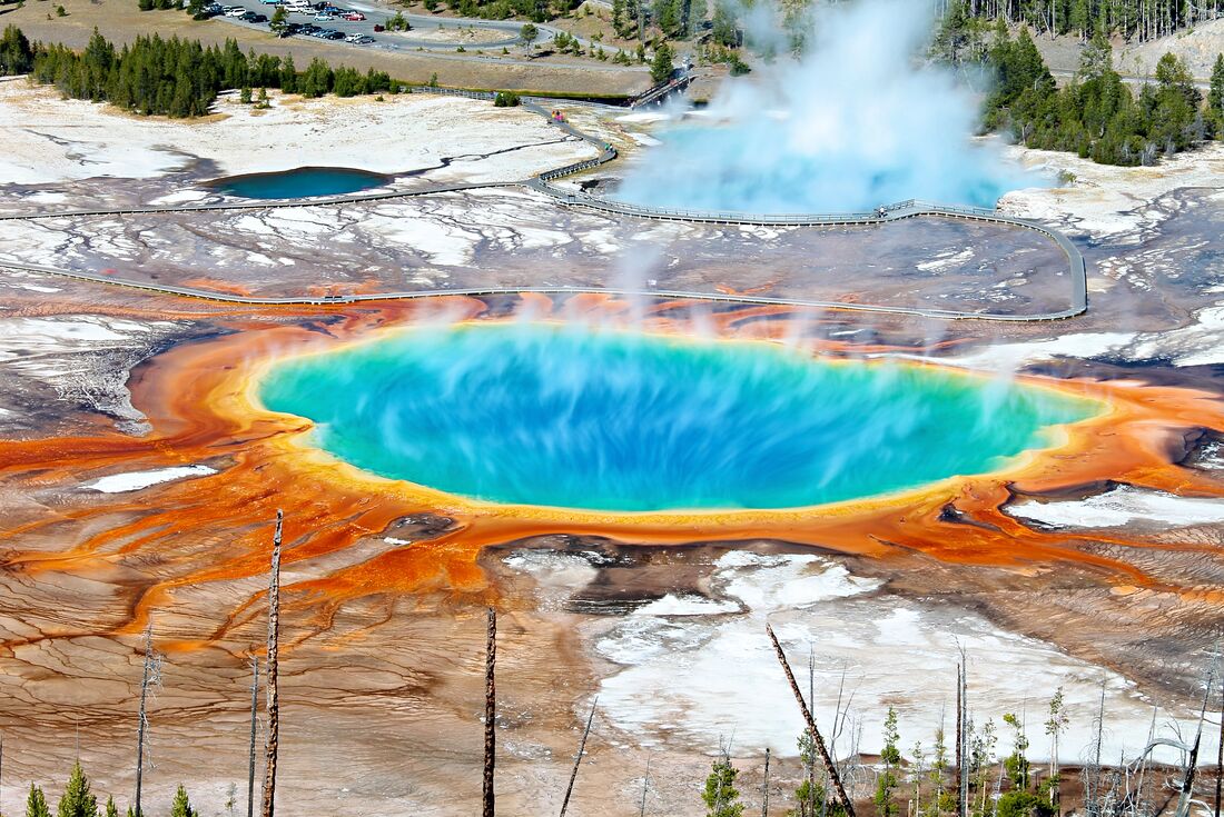 Grand Prismatic Spring seen from hiking trail in Yellowstone National Park in USA