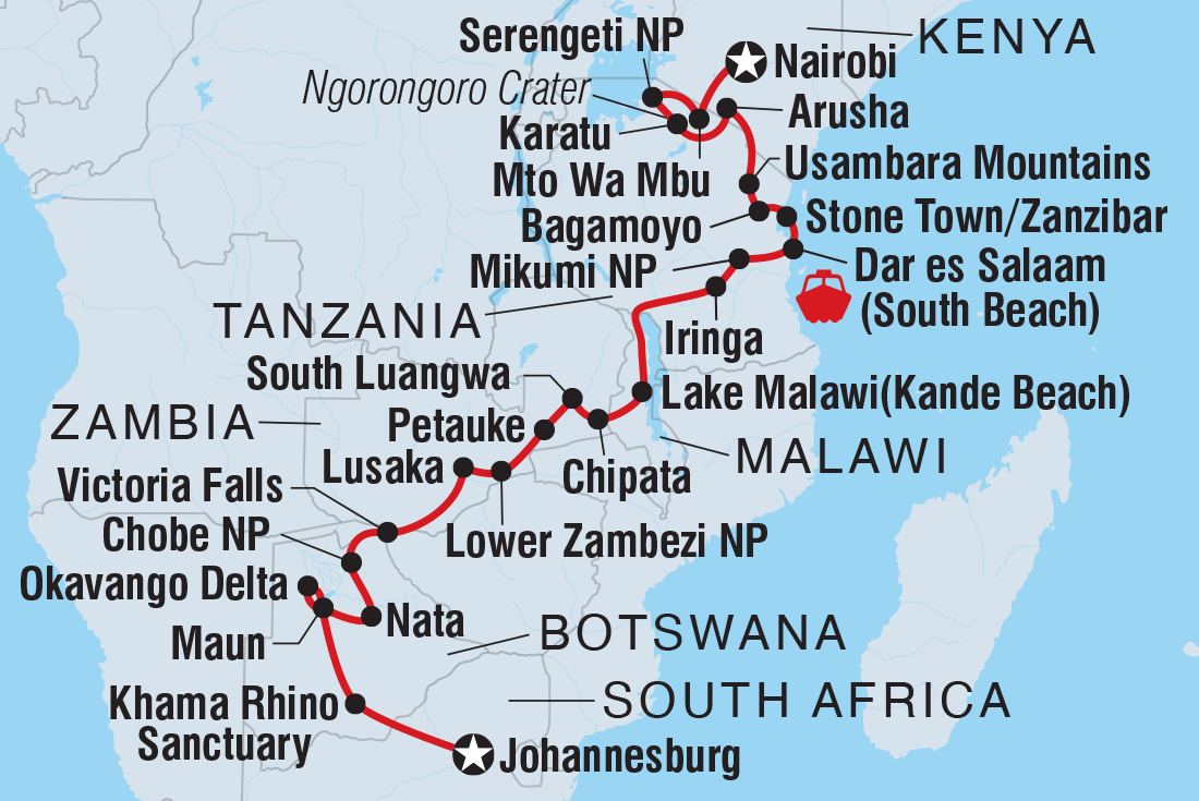 Map of Johannesburg To Kenya including Botswana, Kenya, Malawi, South Africa, Tanzania, United Republic Of, Zambia and Zimbabwe