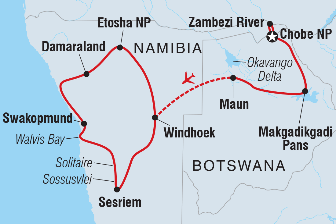 Map of Premium Botswana & Namibia including Botswana and Namibia