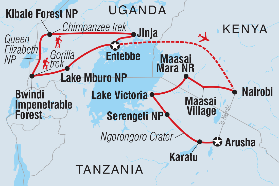 Map of Epic East Africa: Gorillas, Chimps And Game Parks including Kenya, Tanzania, United Republic Of and Uganda